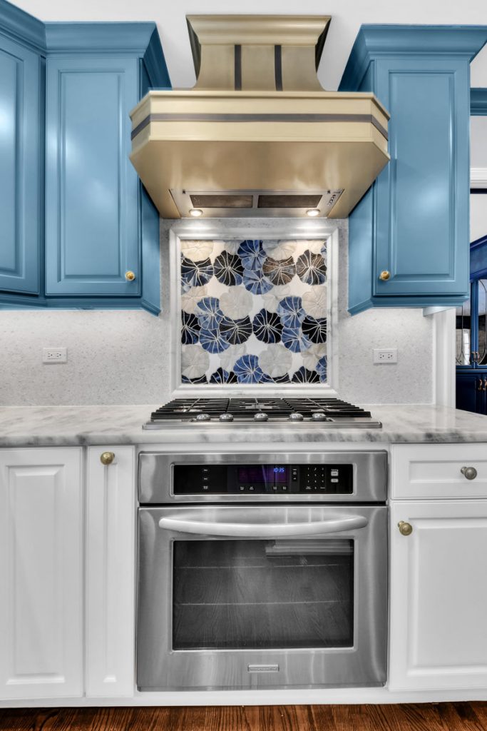 blue and white cabinetry with brass accent