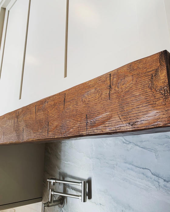 close up of wood work in bathroom